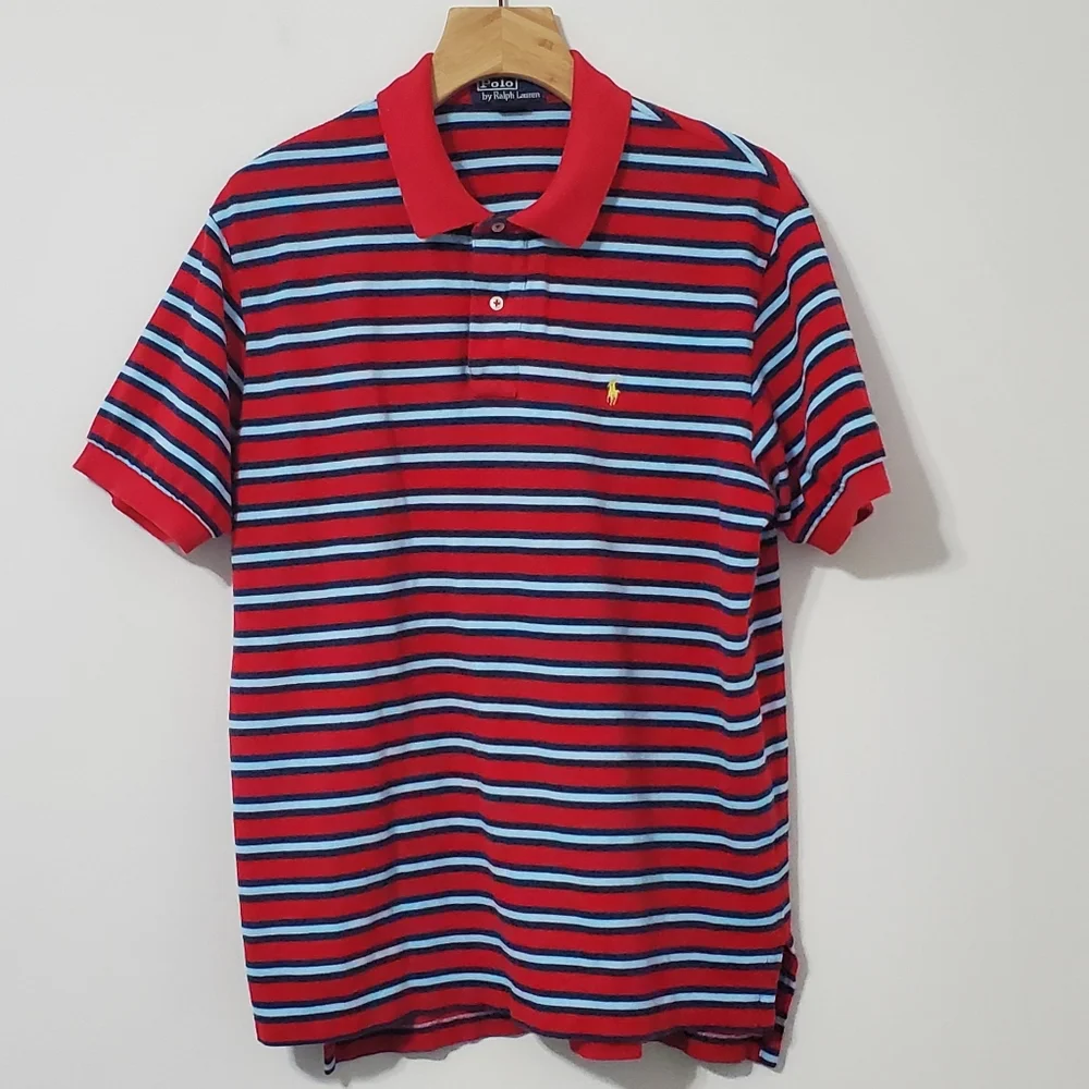 POLO Ralph Lauren Red Blue Striped Cotton Pique Polo Shirt Mens XL